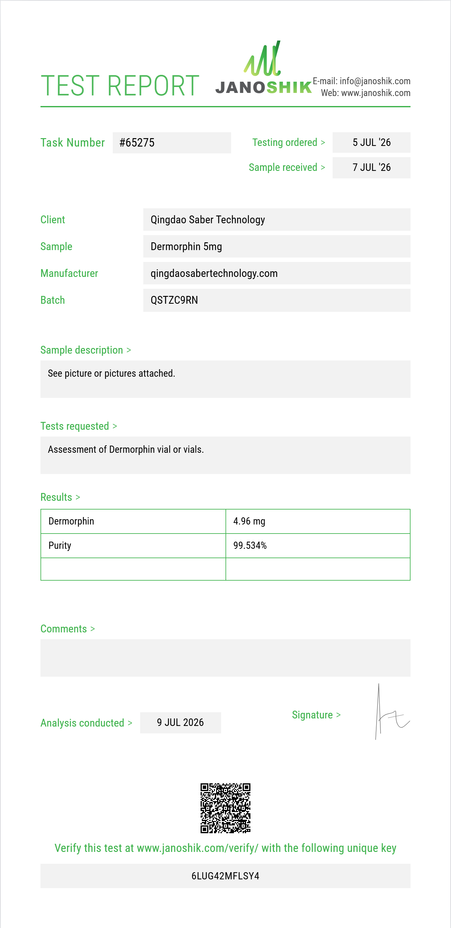 Dermorphin Purity (HPLC) report by Janoshik Analytical