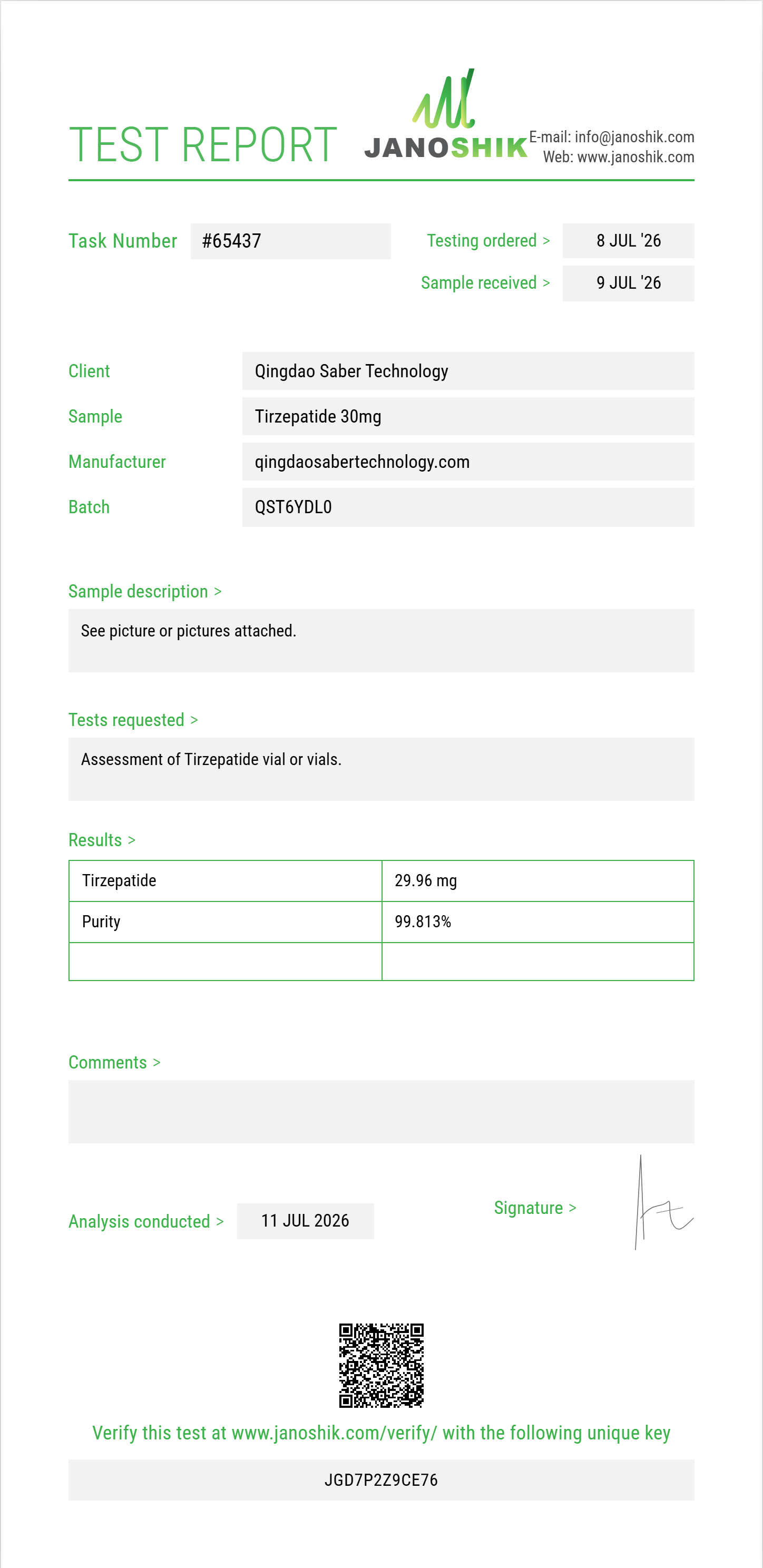 Tirzepatide 30mg Pen Kit Purity (HPLC) report by Janoshik Analytical