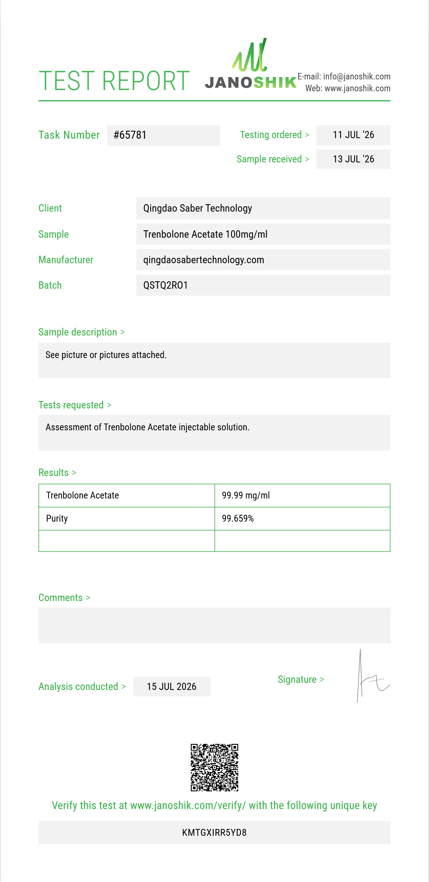 Trenbolone Acetate Purity (HPLC) report by Janoshik Analytical