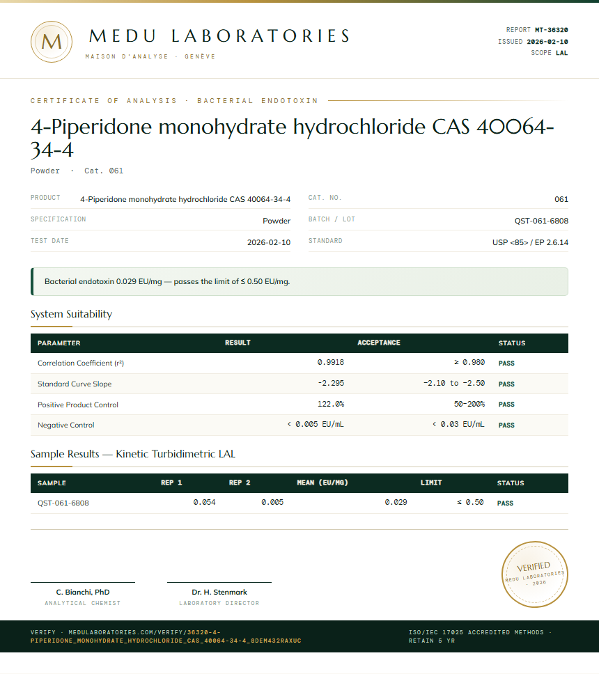 4-Piperidone monohydrate hydrochloride CAS 40064-34-4 Endotoxin report by Medutest