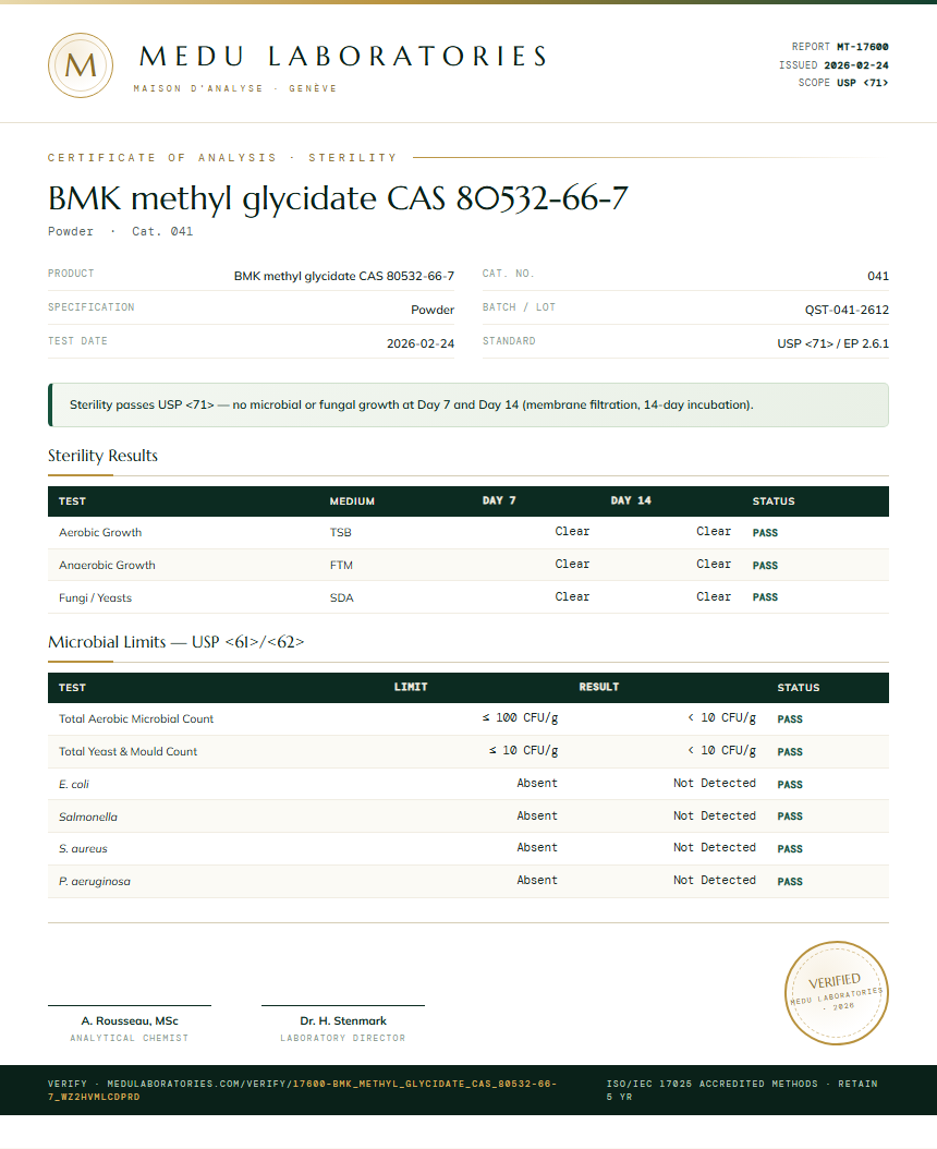 BMK methyl glycidate CAS 80532-66-7 Sterility report by Medutest