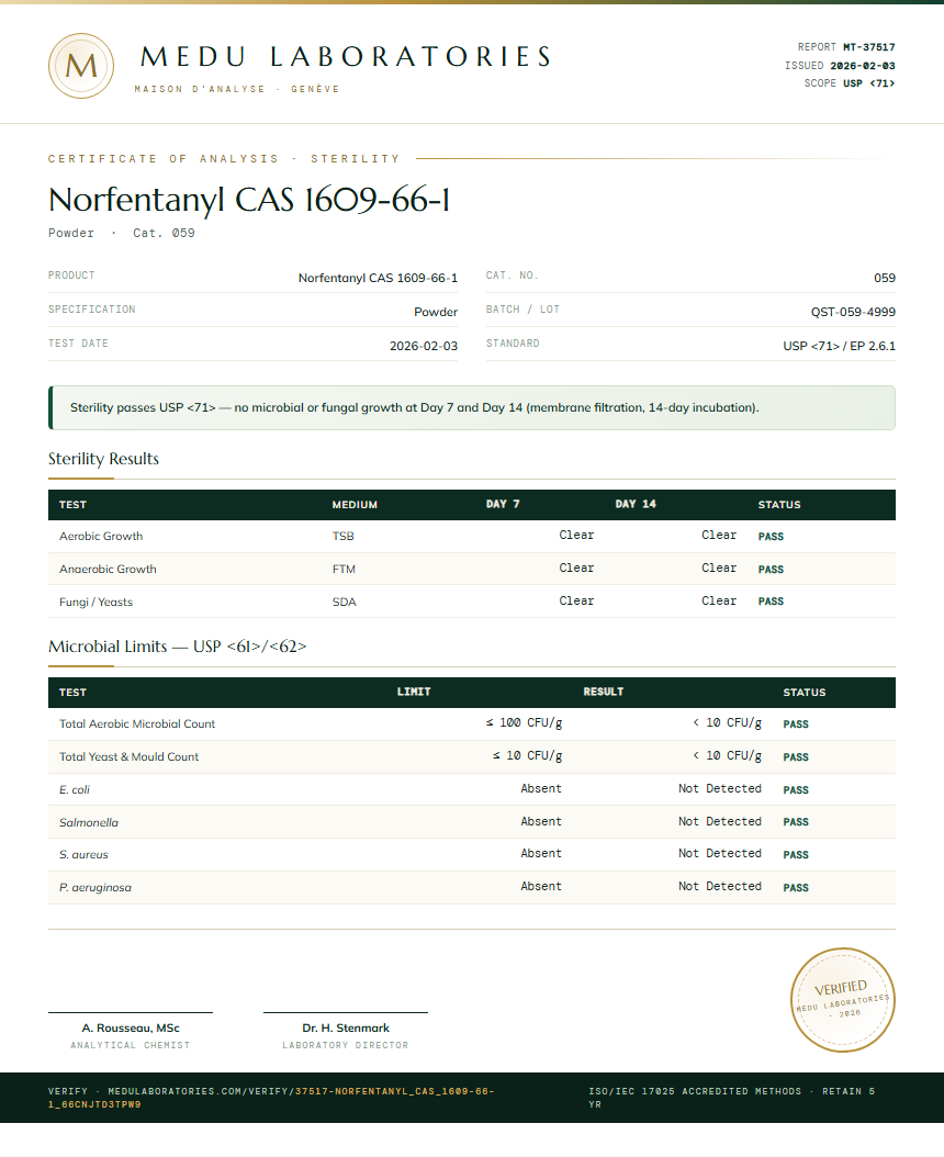 Norfentanyl CAS 1609-66-1 Sterility report by Medutest