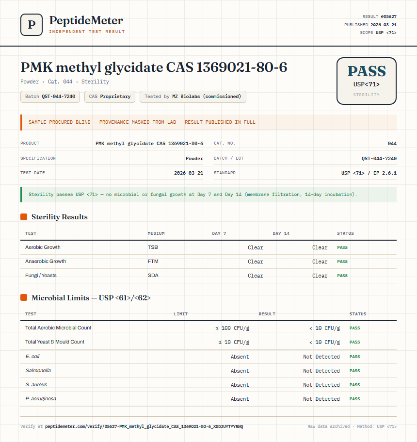 PMK methyl glycidate CAS 1369021-80-6 Sterility report by PeptideDetective