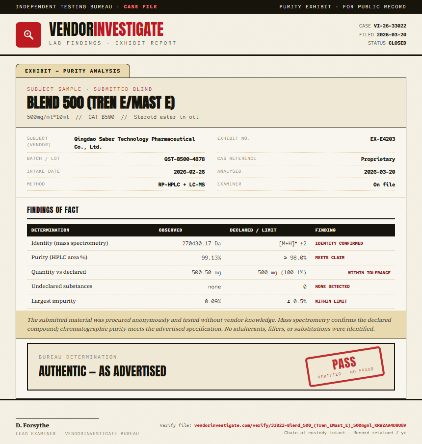 Blend 500 (Tren E/Mast E) Purity (HPLC) report by VendorInvestigator