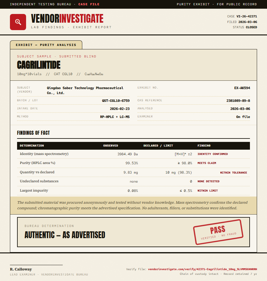 Cagrilintide 5mg + Semaglutide 5mg Blend Purity (HPLC) report by VendorInvestigator