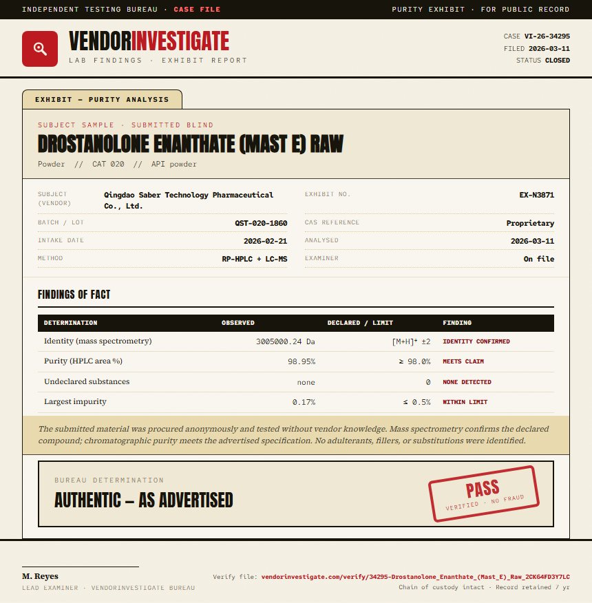 Drostanolone Enanthate (Mast E) Raw Purity (HPLC) report by VendorInvestigator