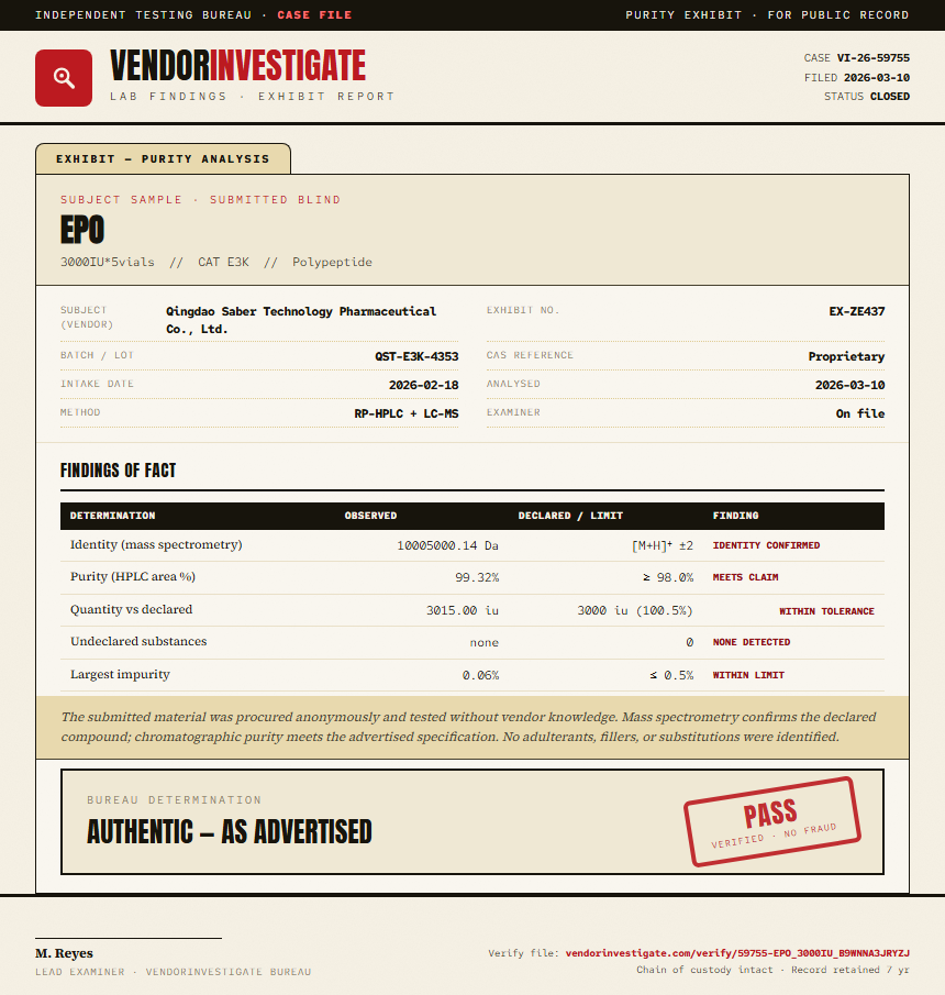 EPO Purity (HPLC) report by VendorInvestigator