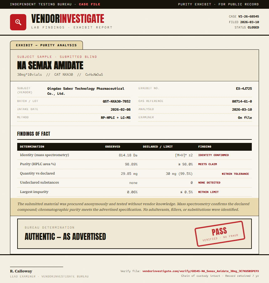 NA Semax Amidate Purity (HPLC) report by VendorInvestigator