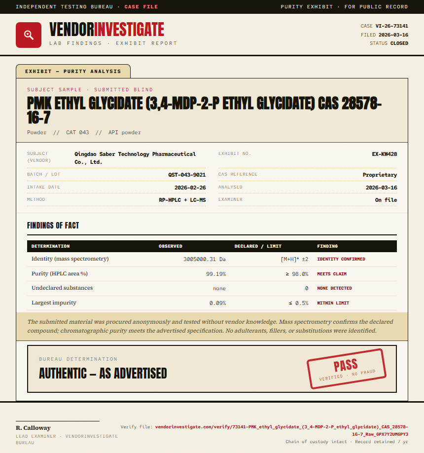 PMK ethyl glycidate (3,4-MDP-2-P ethyl glycidate) CAS 28578-16-7 Purity (HPLC) report by VendorInvestigator