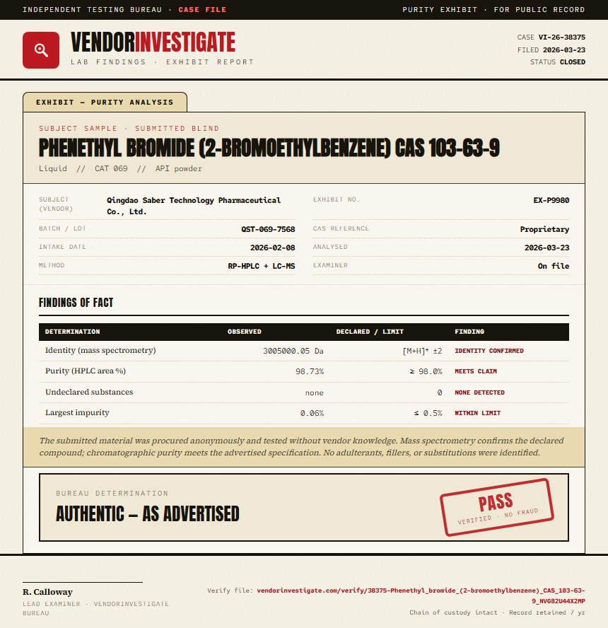 Phenethyl bromide (2-bromoethylbenzene) CAS 103-63-9 Purity (HPLC) report by VendorInvestigator