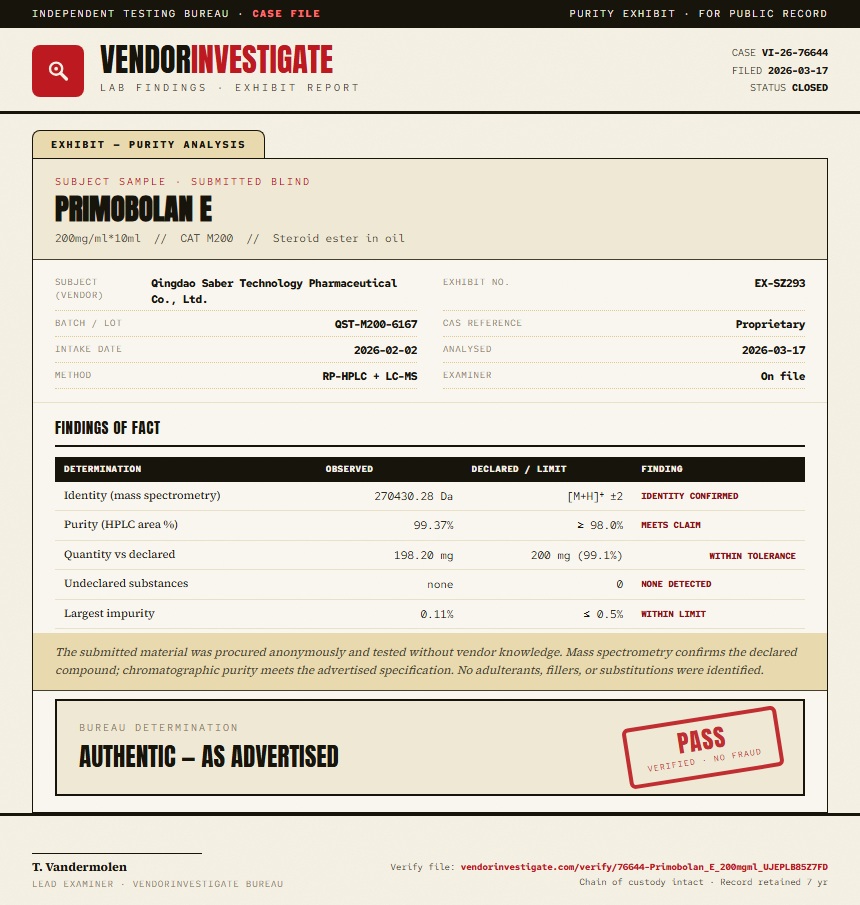 Primobolan E Purity (HPLC) report by VendorInvestigator