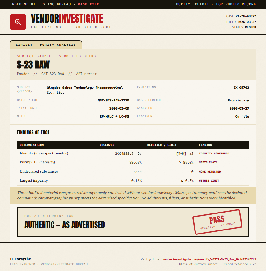 S-23 Raw Purity (HPLC) report by VendorInvestigator