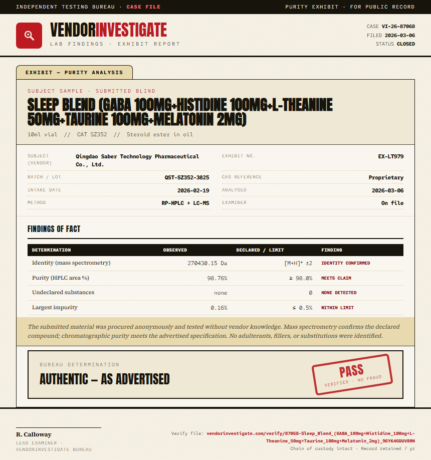 Sleep Blend (GABA 100mg+Histidine 100mg+L-Theanine 50mg+Taurine 100mg+Melatonin 2mg) Purity (HPLC) report by VendorInvestigator