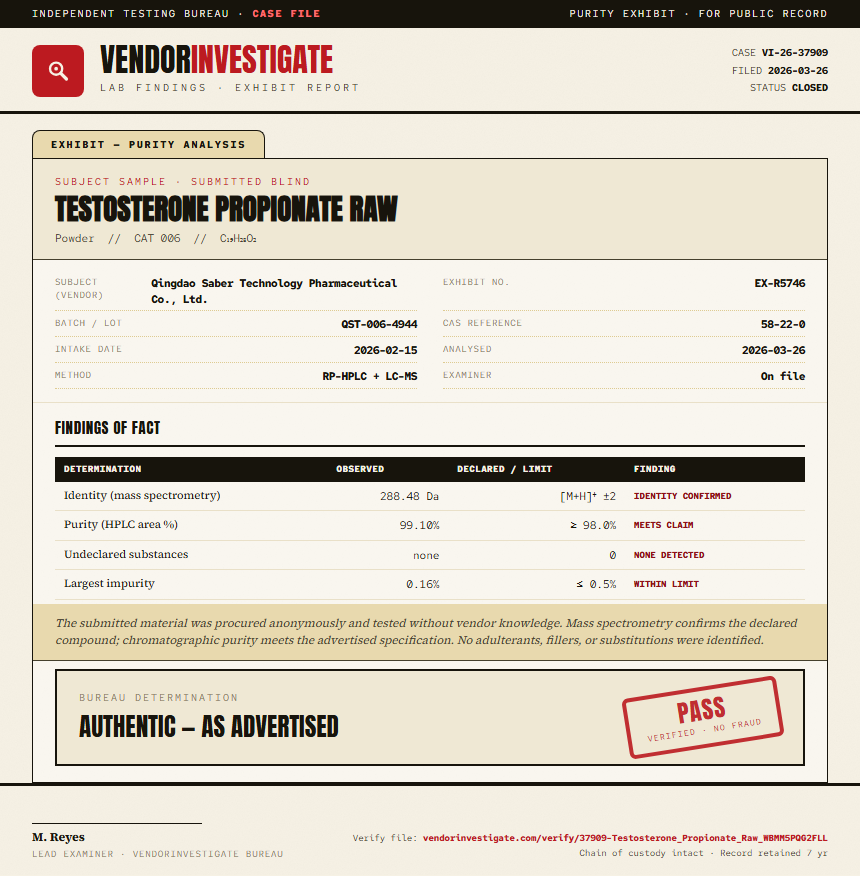 Testosterone Propionate Raw Purity (HPLC) report by VendorInvestigator