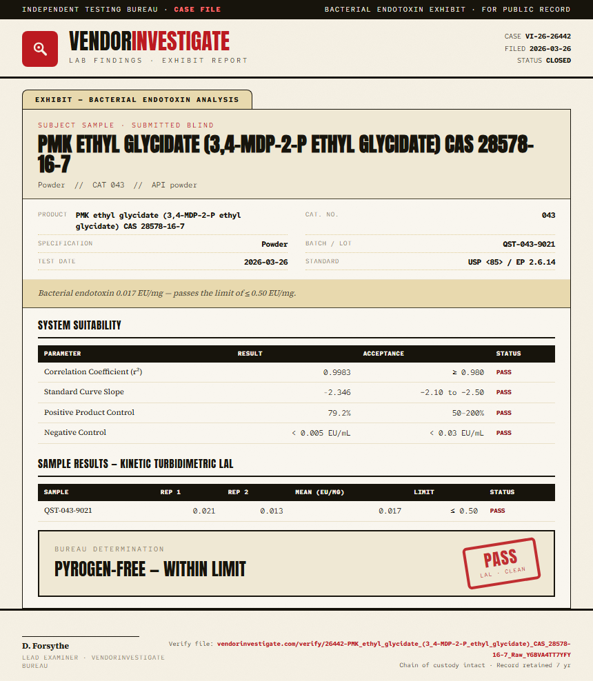 PMK ethyl glycidate (3,4-MDP-2-P ethyl glycidate) CAS 28578-16-7 Endotoxin report by VendorInvestigator