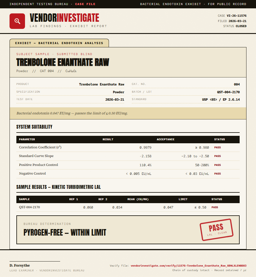 Trenbolone Enanthate Raw Endotoxin report by VendorInvestigator